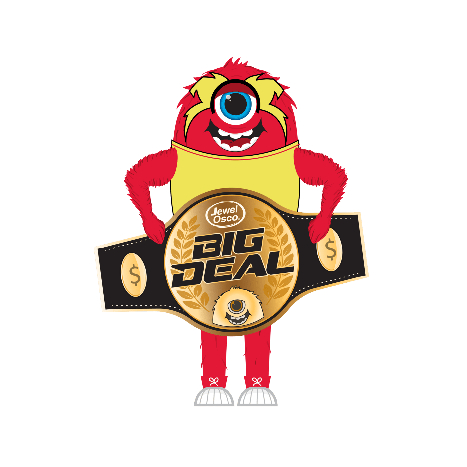 Red monster holding 'Big Deal' championship belt.