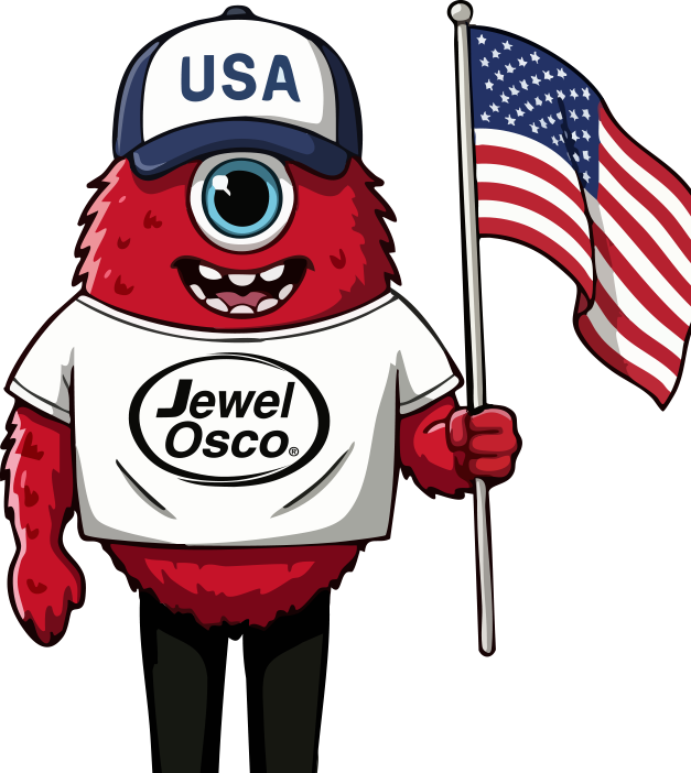 Jewel-Osco monster mascot holding American flag