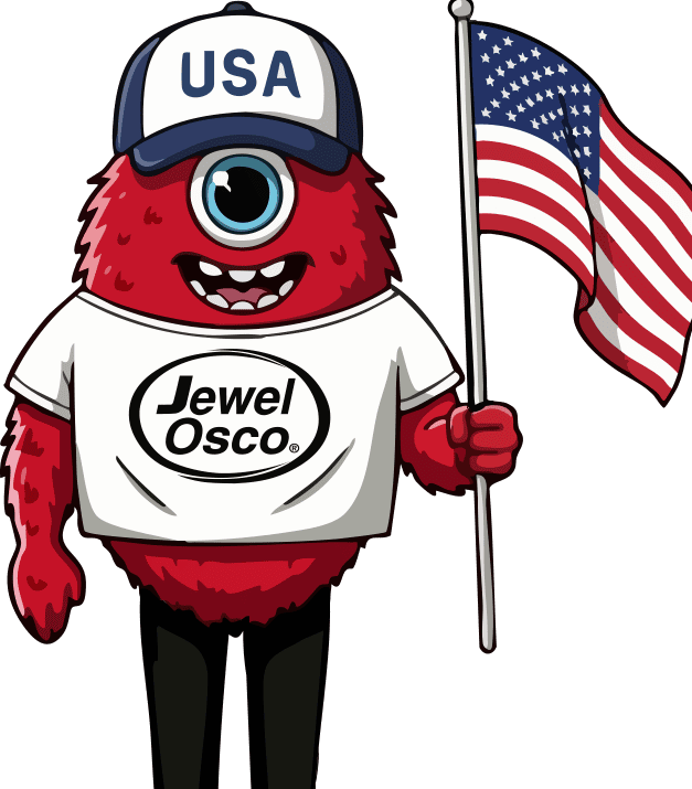 Jewel-Osco mascot monster holding American flag wearing USA cap