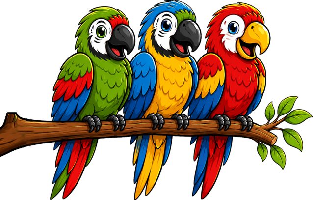 Three colorful cartoon parrots perched on a branch