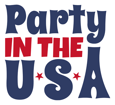 Bold red white and blue Party in the USA text graphic