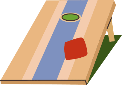 Cornhole board with green bag and red bag